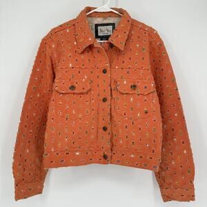 Via Via Couture Denim Jacket XL Orange Trucker Embroidered Textured Boho Retro